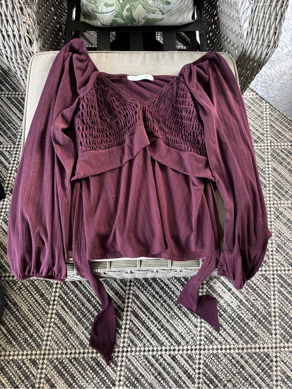 Altar'd State Wine Smocked Tie-Front Peplum Blouse